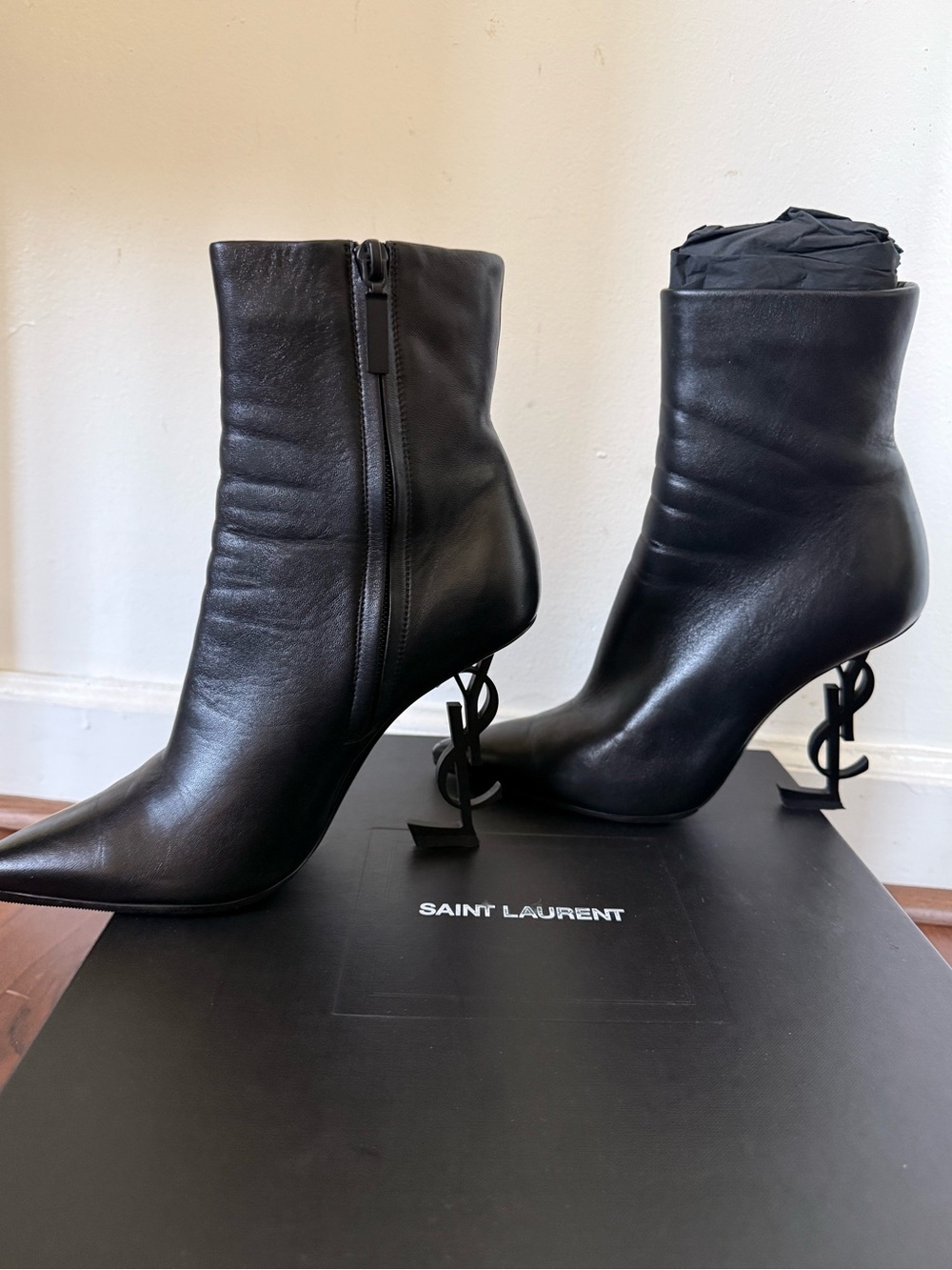 Saint Laurent Opyum 110 YSL Logo Heel Boots Black Leather 37.5 - Picture 2 of 13